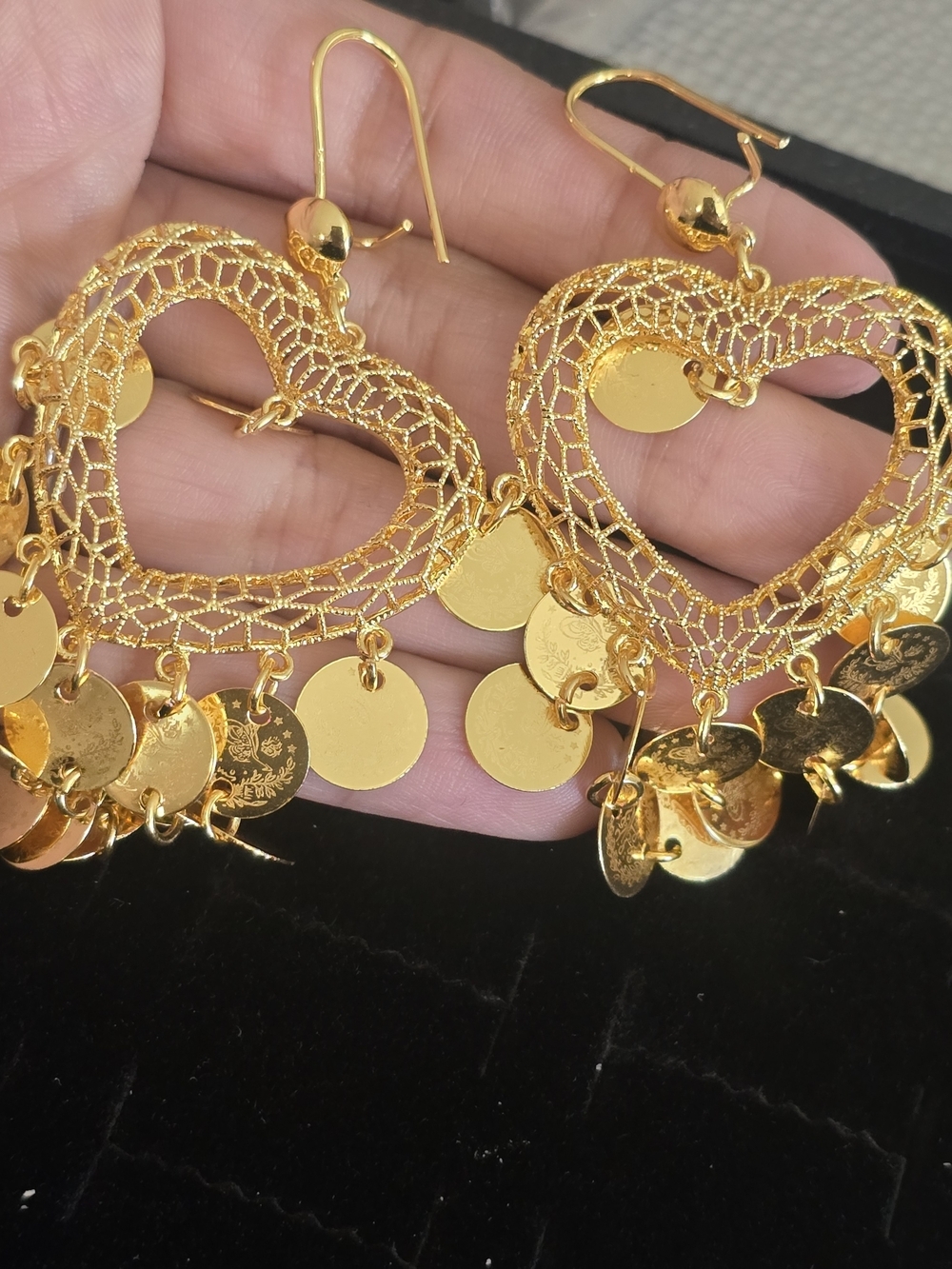 22kgp Dubai Jewelry Gold Heart Filigree Dangle Earrings
